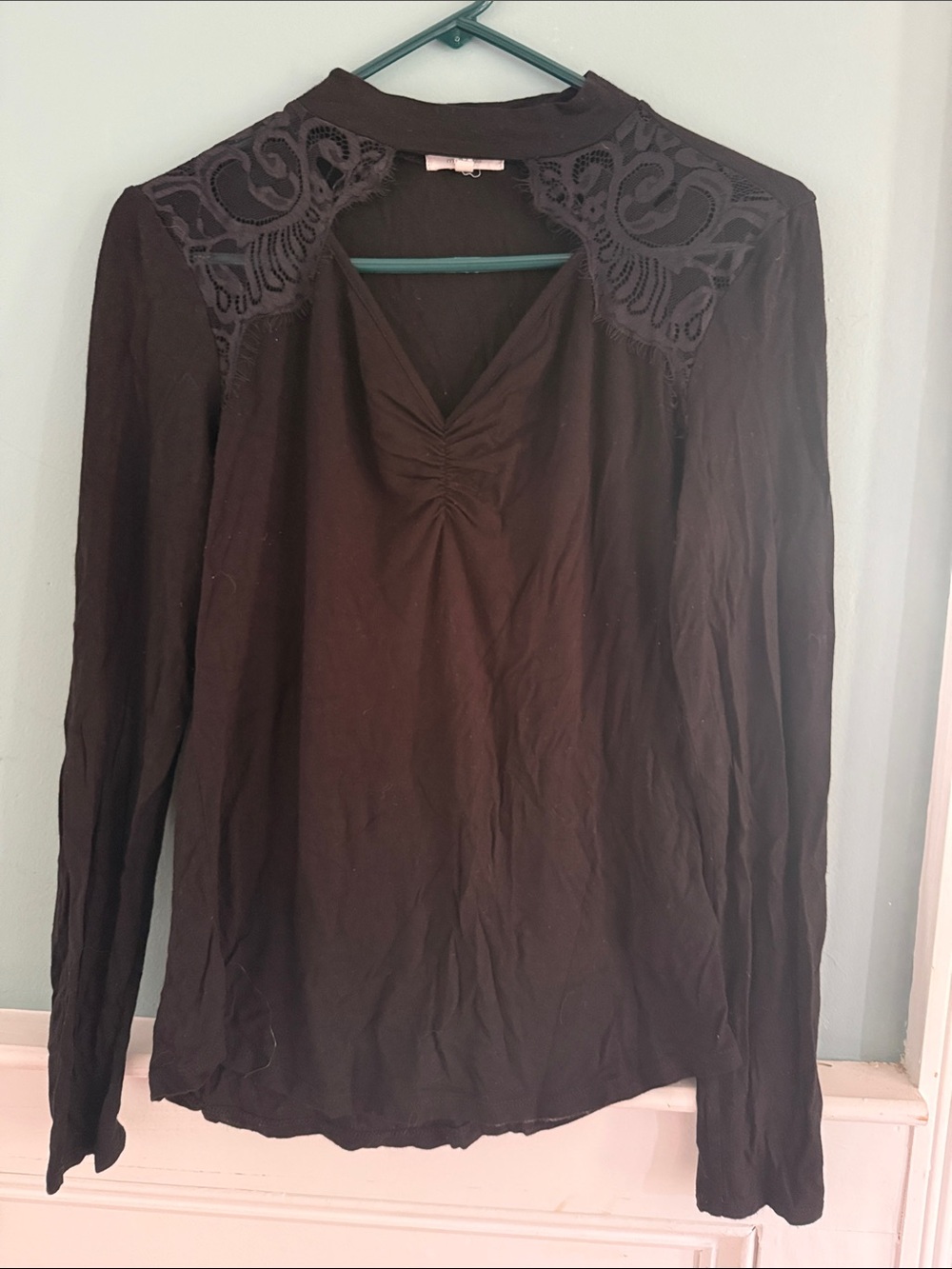 Maurices Black Long Sleeve Top with Lace Shoulder Yoke
